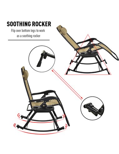 Outsunny Garden Rocking Chair Folding Recliner Outdoor Adjustable Sun Lounger Rocker Zero-Gravity Seat with Headrest Side Holder