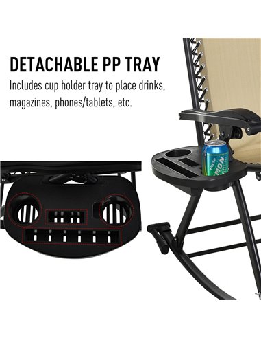 Outsunny Garden Rocking Chair Folding Recliner Outdoor Adjustable Sun Lounger Rocker Zero-Gravity Seat with Headrest Side Holder