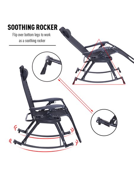 Outsunny Garden Rocking Chair Folding Recliner Outdoor Adjustable Sun Lounger Rocker Zero-Gravity Seat with Headrest Side Holder - pic 13897 | FastDaddyshop