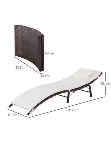 Outsunny Rattan Garden Furniture Folding Sun Lounger Outdoor Chair Wicker Weave Bed with Cushion and Pillow Brown