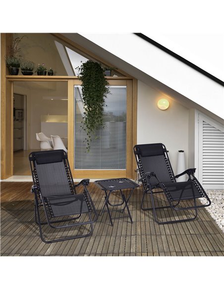 Outsunny 3pcs Folding Zero Gravity Chairs Sun Lounger Table Set w/ Cup Holders Reclining Garden Yard Pool, Black - pic 13940 | FastDaddyshop