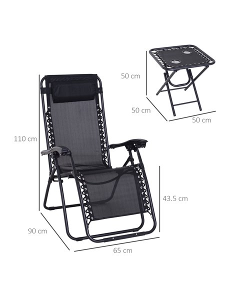 Outsunny 3pcs Folding Zero Gravity Chairs Sun Lounger Table Set w/ Cup Holders Reclining Garden Yard Pool, Black - pic 13941 | FastDaddyshop