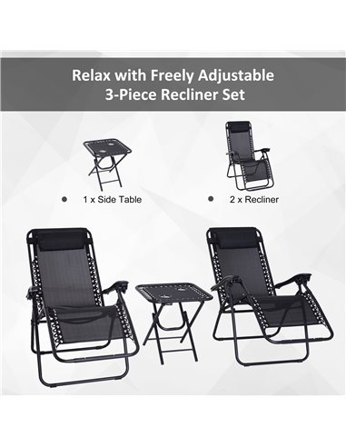 Outsunny 3pcs Folding Zero Gravity Chairs Sun Lounger Table Set w/ Cup Holders Reclining Garden Yard Pool, Black