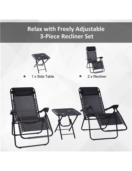 Outsunny 3pcs Folding Zero Gravity Chairs Sun Lounger Table Set w/ Cup Holders Reclining Garden Yard Pool, Black - pic 13942 | FastDaddyshop