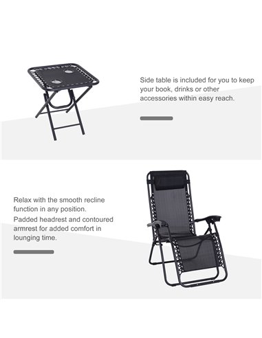 Outsunny 3pcs Folding Zero Gravity Chairs Sun Lounger Table Set w/ Cup Holders Reclining Garden Yard Pool, Black