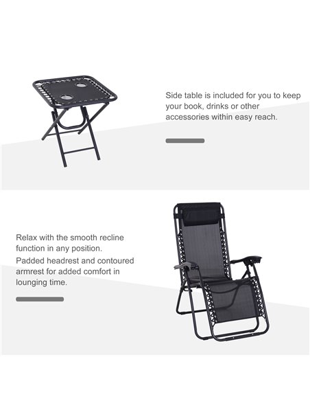 Outsunny 3pcs Folding Zero Gravity Chairs Sun Lounger Table Set w/ Cup Holders Reclining Garden Yard Pool, Black - pic 13943 | FastDaddyshop