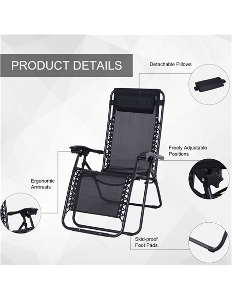 Outsunny 3pcs Folding Zero Gravity Chairs Sun Lounger Table Set w/ Cup Holders Reclining Garden Yard Pool, Black - pic 13944 | FastDaddyshop