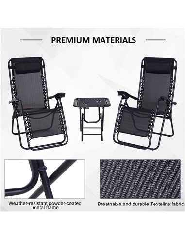 Outsunny 3pcs Folding Zero Gravity Chairs Sun Lounger Table Set w/ Cup Holders Reclining Garden Yard Pool, Black