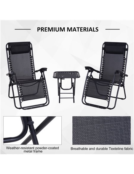 Outsunny 3pcs Folding Zero Gravity Chairs Sun Lounger Table Set w/ Cup Holders Reclining Garden Yard Pool, Black - pic 13945 | FastDaddyshop
