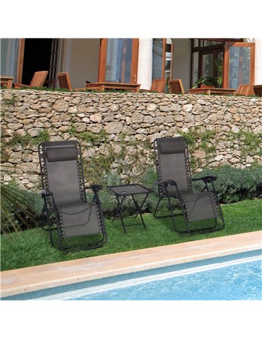 Outsunny 3pcs Folding Zero Gravity Chairs Sun Lounger Table Set w/ Cup Holders Reclining Garden Yard Pool, Dark Grey