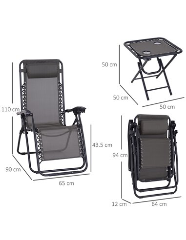 Outsunny 3pcs Folding Zero Gravity Chairs Sun Lounger Table Set w/ Cup Holders Reclining Garden Yard Pool, Dark Grey