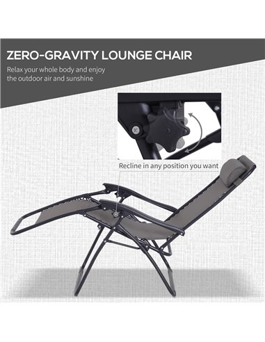 Outsunny 3pcs Folding Zero Gravity Chairs Sun Lounger Table Set w/ Cup Holders Reclining Garden Yard Pool, Dark Grey