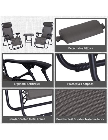 Outsunny 3pcs Folding Zero Gravity Chairs Sun Lounger Table Set w/ Cup Holders Reclining Garden Yard Pool, Dark Grey