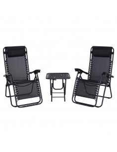 Outsunny 3pcs Folding Sun Lounger Table Set with Cup Holders, Black