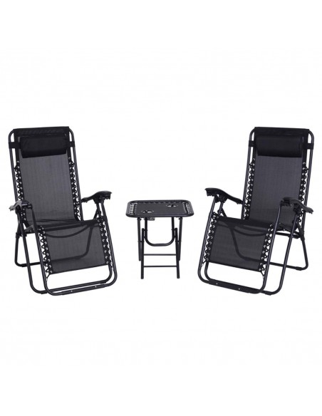 Outsunny 3pcs Folding Sun Lounger Table Set with Cup Holders, Black - pic 13965 | FastDaddyshop