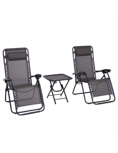 Outsunny 3pcs Folding Sun Lounger Table Set with Cup Holders, Dark Grey - pic 13966 | FastDaddyshop