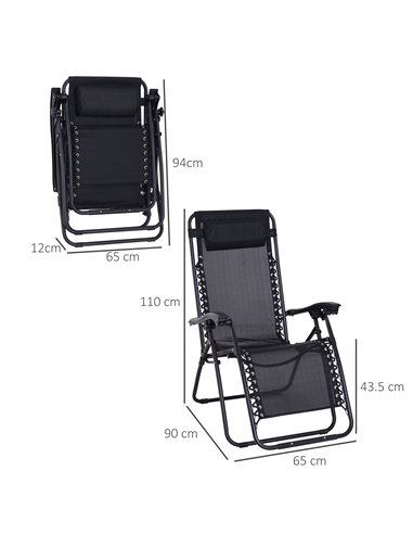 Outsunny Folding & Reclining Outdoor Sun Lounger with Head Pillow, Black