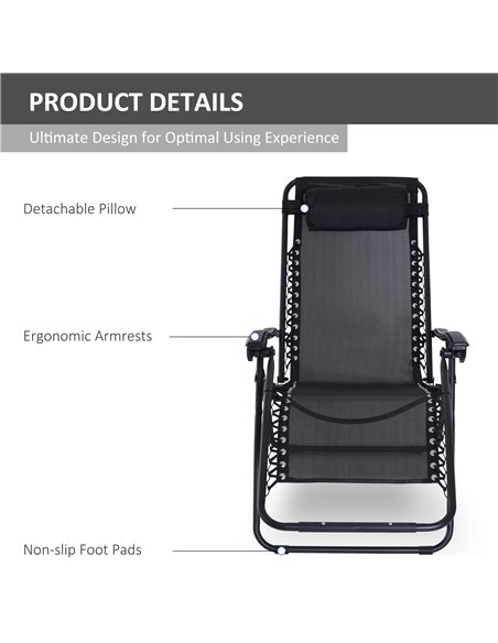 Outsunny Folding & Reclining Outdoor Sun Lounger with Head Pillow, Black - pic 13972 | FastDaddyshop