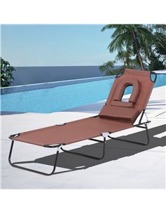 Outsunny Foldable Reclining Sun Lounger with Pillow and Reading Hole, Brownv 2