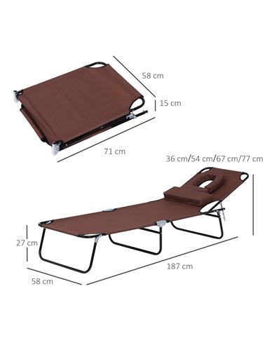 Outsunny Sun Lounger Foldable Reclining Chair with Pillow and Reading Hole Garden Beach Outdoor Recliner Adjustable Brown