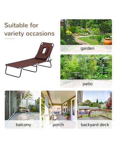 Outsunny Sun Lounger Foldable Reclining Chair with Pillow and Reading Hole Garden Beach Outdoor Recliner Adjustable Brown