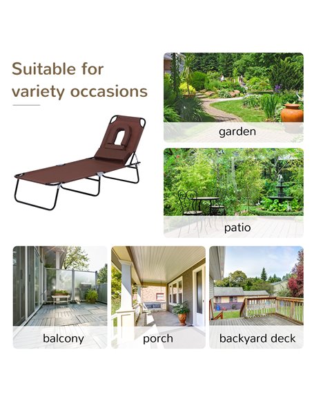 Outsunny Sun Lounger Foldable Reclining Chair with Pillow and Reading Hole Garden Beach Outdoor Recliner Adjustable Brown - pic 14009 | FastDaddyshop
