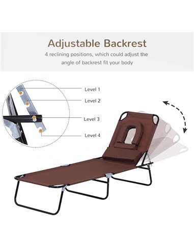 Outsunny Sun Lounger Foldable Reclining Chair with Pillow and Reading Hole Garden Beach Outdoor Recliner Adjustable Brown