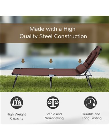 Outsunny Sun Lounger Foldable Reclining Chair with Pillow and Reading Hole Garden Beach Outdoor Recliner Adjustable Brown