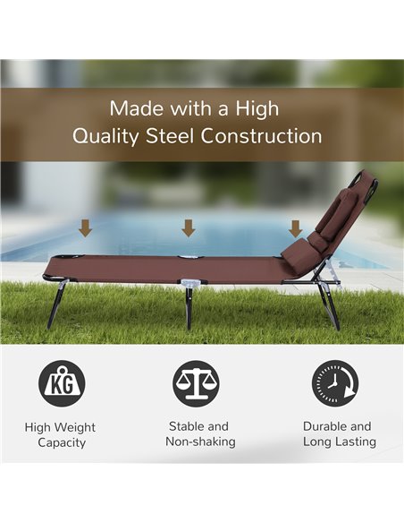 Outsunny Sun Lounger Foldable Reclining Chair with Pillow and Reading Hole Garden Beach Outdoor Recliner Adjustable Brown - pic 14011 | FastDaddyshop