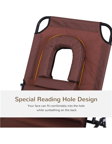 Outsunny Sun Lounger Foldable Reclining Chair with Pillow and Reading Hole Garden Beach Outdoor Recliner Adjustable Brown