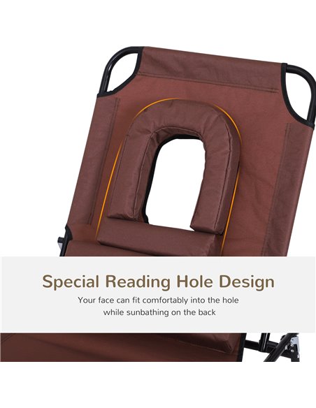 Outsunny Sun Lounger Foldable Reclining Chair with Pillow and Reading Hole Garden Beach Outdoor Recliner Adjustable Brown - pic 14012 | FastDaddyshop