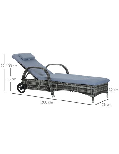 Outsunny Garden Rattan Single Sun Lounger, Reclining Chair, Grey