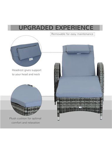 Outsunny Garden Rattan Single Sun Lounger, Reclining Chair, Grey
