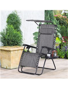 Outsunny Garden Folding Sun Lounger, Reclining Seat with Cup Holder & Canopy Shade, Grey 2