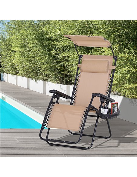 Outsunny Zero Gravity Garden Deck Folding Chair Patio Sun Lounger Reclining Seat with Cup Holder & Canopy Shade - Beige - pic 14055 | FastDaddyshop