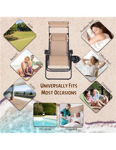 Outsunny Zero Gravity Garden Deck Folding Chair Patio Sun Lounger Reclining Seat with Cup Holder & Canopy Shade - Beige