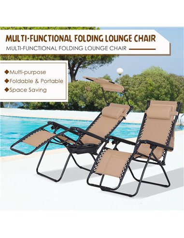 Outsunny Zero Gravity Garden Deck Folding Chair Patio Sun Lounger Reclining Seat with Cup Holder & Canopy Shade - Beige