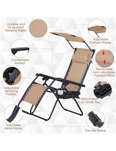 Outsunny Zero Gravity Garden Deck Folding Chair Patio Sun Lounger Reclining Seat with Cup Holder & Canopy Shade - Beige