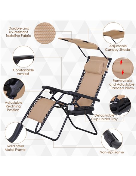 Outsunny Zero Gravity Garden Deck Folding Chair Patio Sun Lounger Reclining Seat with Cup Holder & Canopy Shade - Beige - pic 14059 | FastDaddyshop