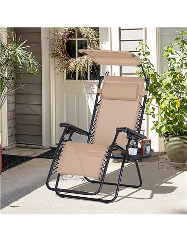 Outsunny Zero Gravity Garden Deck Folding Chair Patio Sun Lounger Reclining Seat with Cup Holder & Canopy Shade - Beige