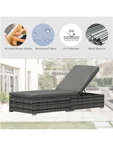 Outsunny Adjustable Rattan Sun Lounger Garden Furniture Recliner Bed Chair Reclining Patio Wicker Grey