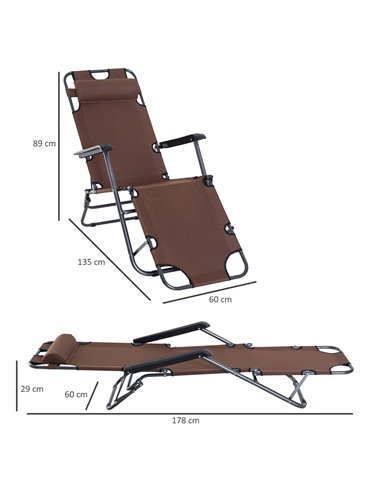 Outsunny 2 in 1 Sun Lounger Folding Reclining Chair Garden Outdoor Camping Adjustable Back with Pillow (Brown)