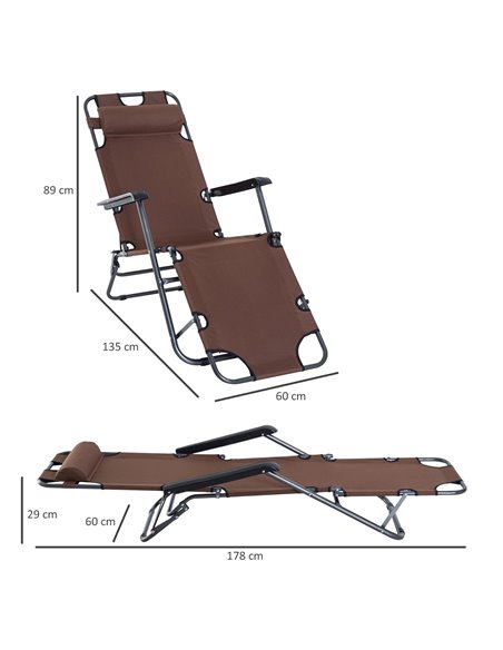 Outsunny 2 in 1 Sun Lounger Folding Reclining Chair Garden Outdoor Camping Adjustable Back with Pillow (Brown) - pic 14072 | FastDaddyshop