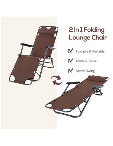 Outsunny 2 in 1 Sun Lounger Folding Reclining Chair Garden Outdoor Camping Adjustable Back with Pillow (Brown)