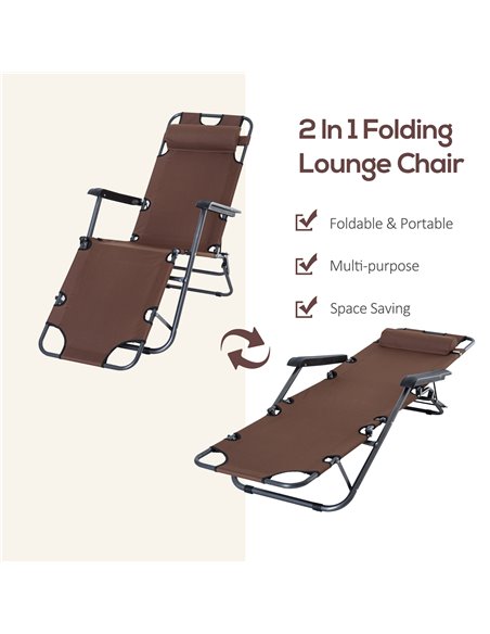 Outsunny 2 in 1 Sun Lounger Folding Reclining Chair Garden Outdoor Camping Adjustable Back with Pillow (Brown) - pic 14073 | FastDaddyshop