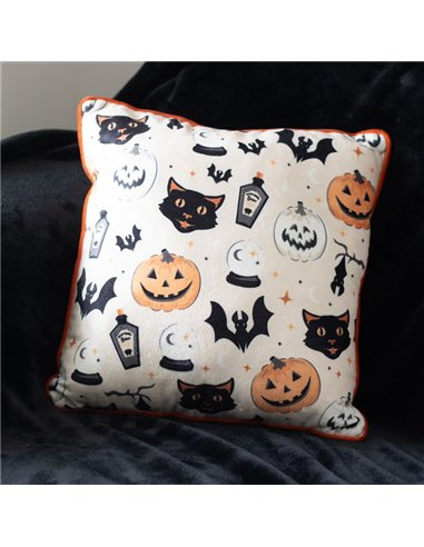 35cm Square Spooky Cat and Pumpkin Print Cushion PD_53224