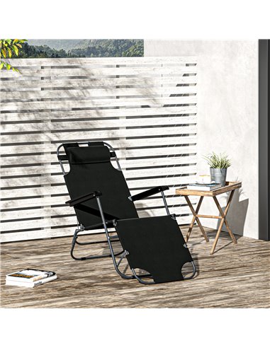 Outsunny 2 in 1 Sun Lounger Folding Reclining Chair Garden Outdoor Camping Adjustable Back with Pillow (Black)