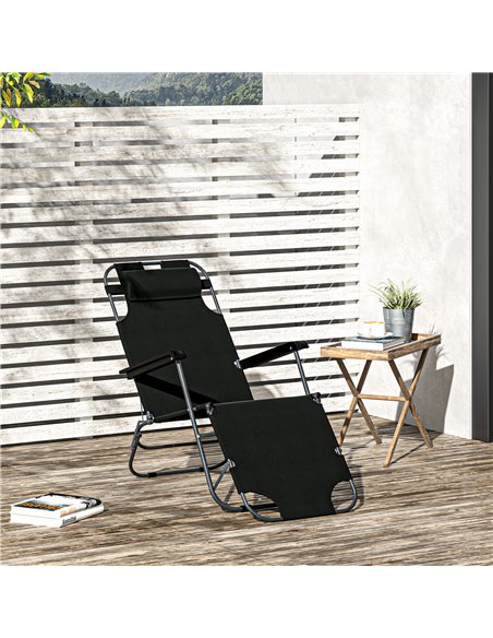 Outsunny 2 in 1 Sun Lounger Folding Reclining Chair Garden Outdoor Camping Adjustable Back with Pillow (Black) - pic 14079 | FastDaddyshop