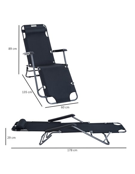Outsunny 2 in 1 Sun Lounger Folding Reclining Chair Garden Outdoor Camping Adjustable Back with Pillow (Black) - pic 14080 | FastDaddyshop