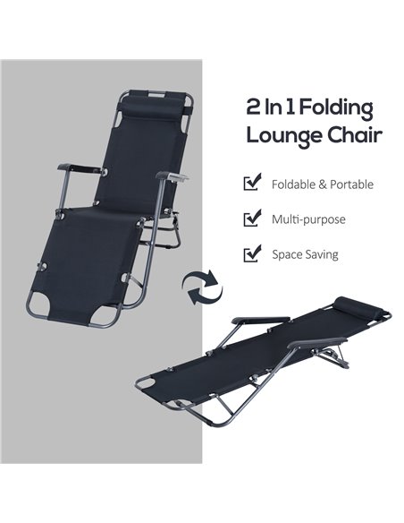 Outsunny 2 in 1 Sun Lounger Folding Reclining Chair Garden Outdoor Camping Adjustable Back with Pillow (Black) - pic 14081 | FastDaddyshop